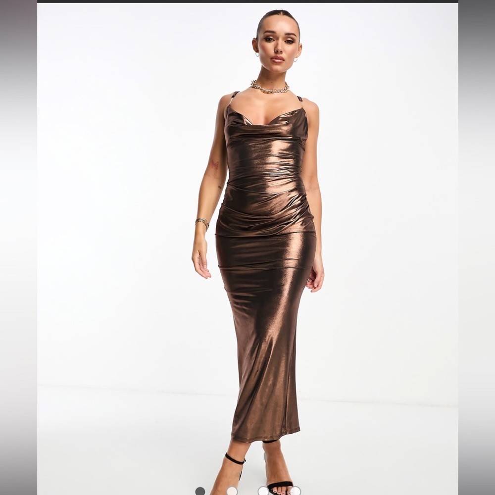 ASOS DESIGN maxi dress with cami strap and plunge neckline in gold foil